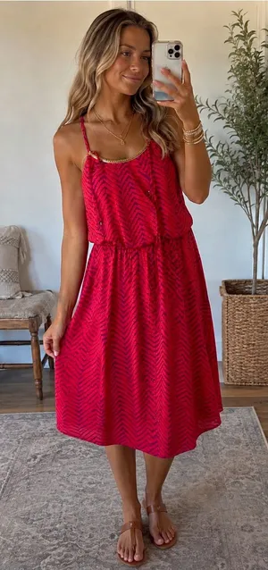Hot Pink Midi Dress‎ - size Medium ~ Gold Jewelry Neckline thumbnail 1