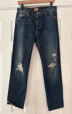 Mother Denim Distressed Straight Leg Jeans Dark Wash Raw Hem Size 26‎ thumbnail 1