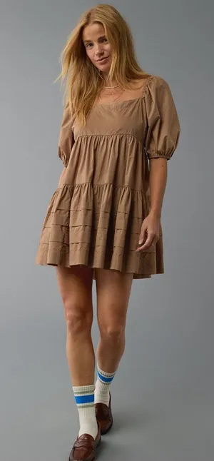 American Eagle Outfitters Brown Mini Puff Sleeve Dress, Size Medium, NWT thumbnail 1