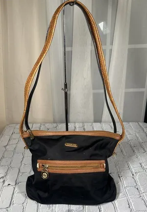 Michael Kors Black Cognac Shoulder Bag With Tan Leather Trim Medium Purse thumbnail 1