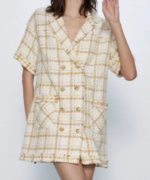 Zara Women Cream Yellow‎ Plaid Tweed Double Breasted Dress Gold Buttons Small thumbnail 1