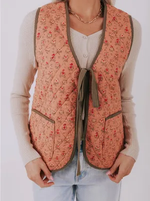 Free People Claudine Quilted Floral Vest In Orange And Olive thumbnail 1