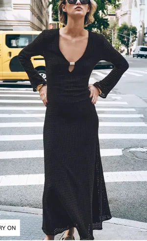 Zara NWT brown knit gold detail key hole front long sleeve midi maxi dress thumbnail 1