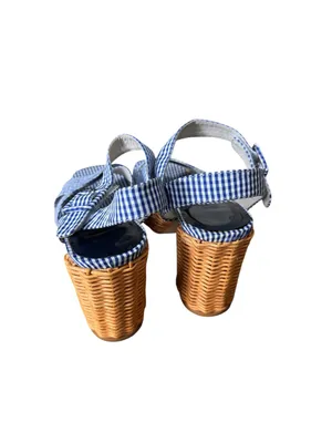Jeffrey Campbell Amma platform sandals in blue gingham with wicker heel 9 thumbnail 4