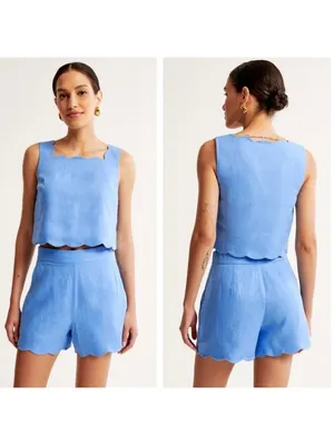 Abercrombie & Fitch Premium Linen Scallop-Hem Tailored Short 28 Blue thumbnail 2