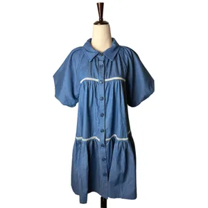 En Saison Tara Tiered Cotton Trapeez Shirtdress Women Medium Blue Mini Bohoi‎ thumbnail 2