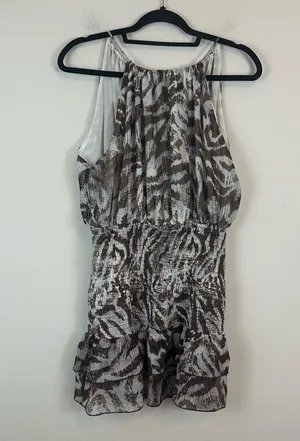 ZARA | Blue Brown Animal Print Halter Neck Smocked Chiffon Mini Dress Medium thumbnail 1
