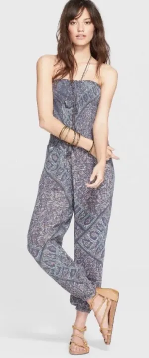 Free People Paisley Smocked Jumper M Boho Chic Balloon Leg Whimsigoth Jumpsuit thumbnail 1
