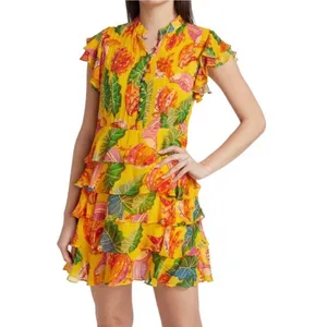 Farm Rio Yellow Beaks & Bananas Mini Dress Small Tropical Toucan Tiered Resort thumbnail 12
