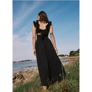 Free People Ruffle It Up Midi Dress Black Smocked Tie Cotton Size Medium thumbnail 2