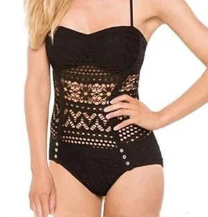 New Large Black Strapless Sheer Crochet One Piece Swim Suit with Button Detail thumbnail 1