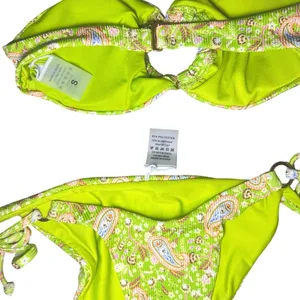 Ribbed Paisley Bandeau Bikini Side Tie Cheeky Small Neon Lime Green Bathing Suit thumbnail 3
