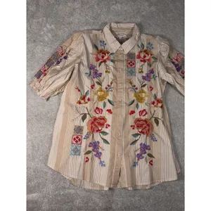 Johnny Was Petunia Smocked Lisbon Shirt Med Embroidered Floral Button Down‎ thumbnail 8