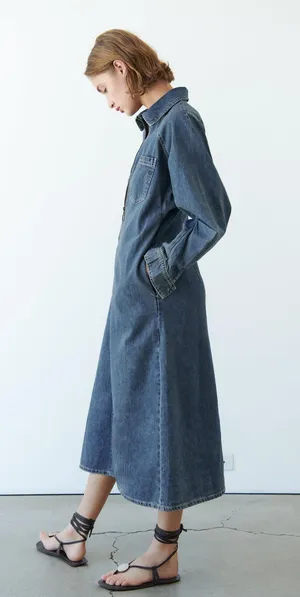 Zara Dress oversize midi denim jeans long sleeve collar casual thumbnail 5
