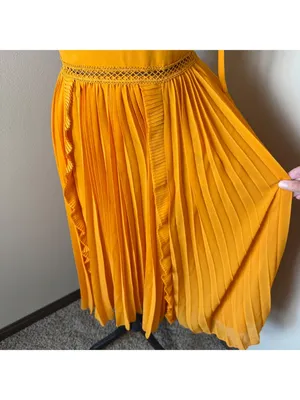 Lulus Never a Dull Moment Pleated Midi Dress Womens Small Marigold Yellow Ruffle thumbnail 2