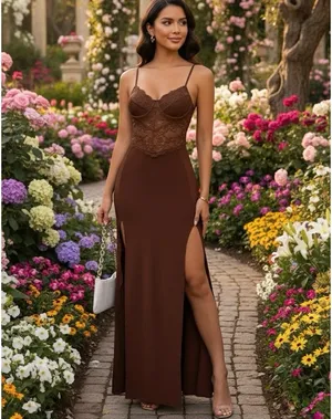 Mesh lace small long dress wedding brown vtg nwot slit deep thumbnail 2