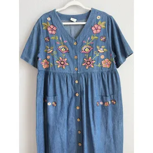 Vintage Embroidered Denim Dress Bechamel Button Front Cottagecore Grandma Core L thumbnail 4