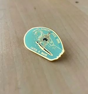 NWOT Vintage Y2K Surfer Surf Pin Norbert JVCIC 2000 Catch A Wave Blue & Gold thumbnail 1