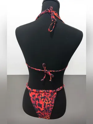 Red Orange Leopard Print Triangle Bikini Set thumbnail 5