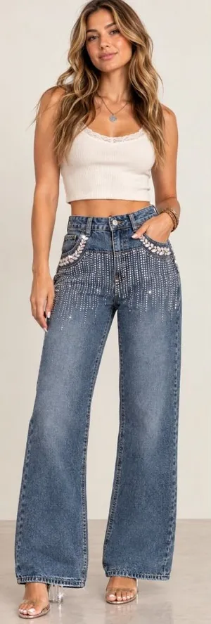 Rhinestone Embellished Wide Leg Jeans Dark Wash Bling Denim Size M thumbnail 1
