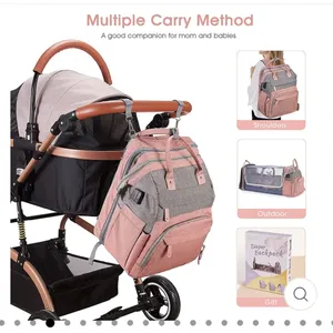 MULTI Compartment diaper bag with changing pad, USB & foldable crib Pink thumbnail 10
