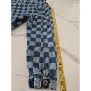 Forever 21 Checkered Board Print Cropped Trucker Denim Blue Y2K Jacket Medium thumbnail 10