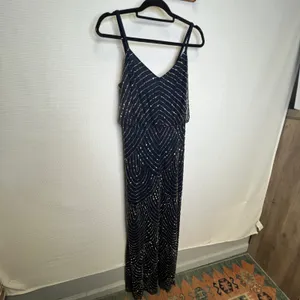 Adrianna Papell Navy Blue Sequin Art Deco Blouson Maxi Gown Dress 14 091866700 thumbnail 2
