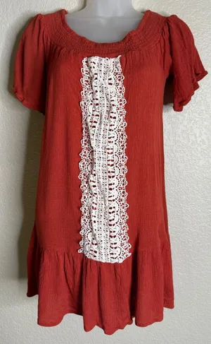 Flying Tomato Womens M Tunic Top‎ Rust Orange Crochet Lace Boho Ruffle Peasant thumbnail 1