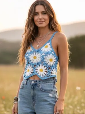 NWT Rebellion Daisy Crochet Tank Top Blue White Floral Boho Festival Y2K Size S thumbnail 12