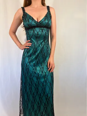Turquoise Lace Overlay Gothic Maxi V Neck Dress Blue thumbnail 6