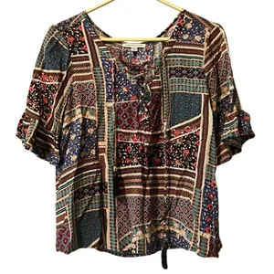 American Eagle Flounce Floral Patch Short Sleeve Lace Up Top Size Sz Small‎ Boho thumbnail 1