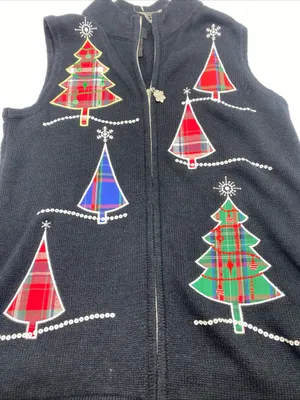 Christmas Tree Sweater Vest Black Embroidered Holiday Women’s Small RQT Festive thumbnail 2