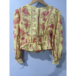 Free People Flower Fields Eyelet Top M Yellow Floral Puff‎ Sleeve Boho Blouse 1 thumbnail 5