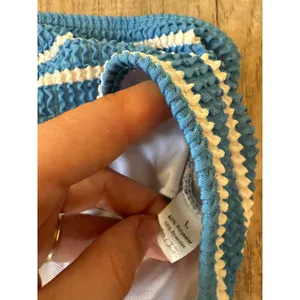 Blue White Striped Crinkle Smocked Bikini Set Tortoise Buckle Bandeau Top L‎ thumbnail 3