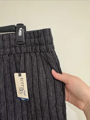 Terra & Sky Plus Linen Cotton Pleated Pull-On Shorts Black / White Stripe sz 1X thumbnail 5