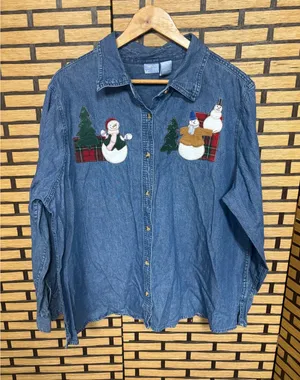 Holiday Editions Denim‎ Snowman Embroidered Button Down Shirt Size 1X thumbnail 1