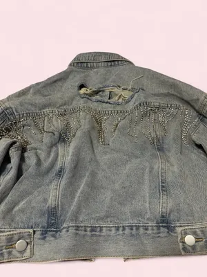 Cropped Jean Denim Jacket with Distressed & Rhinestone Detail thumbnail 3