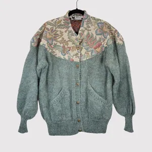 VINTAGE Woof Womens Cardigan Green Floral Folk Tapestry Wool Sweater 90s Large thumbnail 1