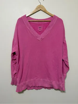 Aerie Hot Pink Down To Earth V Neck Pullover Sweatshirt Barbie Size Small thumbnail 2