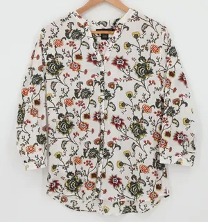 Preswick & Moore Floral Button Up‎ Blouse Womens Size M White Cotton 3/4 Sleeve thumbnail 1