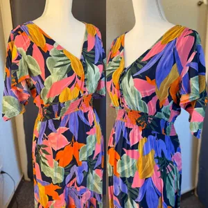 Abel The Label Tropical Floral High Low Maxi Dress Smocked Waist Womens Small‎ thumbnail 7