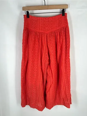 Anthropologie Coral Eyelet Wide Leg Cropped Pants Culottes Orange Red Size 0 thumbnail 8