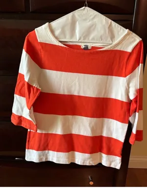 Old Navy Orange and White 3/4 Striped Shirt thumbnail 1