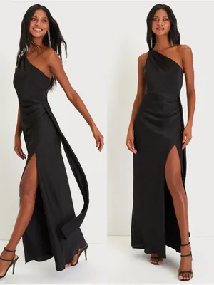 LULU’S Signature Elegance Black Satin One-Shoulder Maxi Dress thumbnail 2