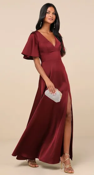 NWT Lulus Elegant Confidence Red Satin Flutter Sleeve Cutout Maxi Dress Size XL thumbnail 1