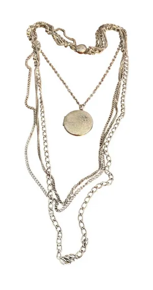 Vintage Silver Tone Multi Chain Locket Necklace Antique Portraits Layered Estate thumbnail 1