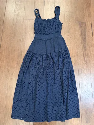 Elie Tahari Eyelet Smocked Midi Dress Navy Medium NWT thumbnail 1