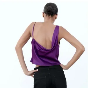 Zara Purple Silk Satin Cowl Neck Drapey Sleeveless Cami Blouse Crop Top Size S thumbnail 3