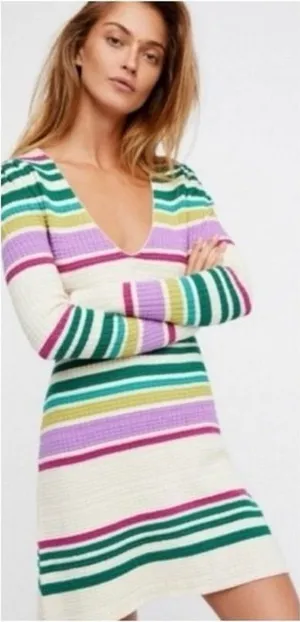 Free People Wide Eyed Striped Waffle Knit Mini Dress Multi Color Boho Size S thumbnail 1