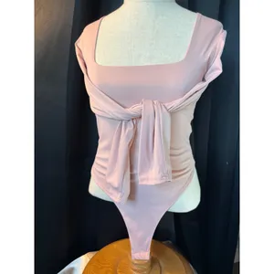 Lizette Collection Pink Long Sleeve Tie Front Square Neck Bodysuit LC7010LS M thumbnail 4